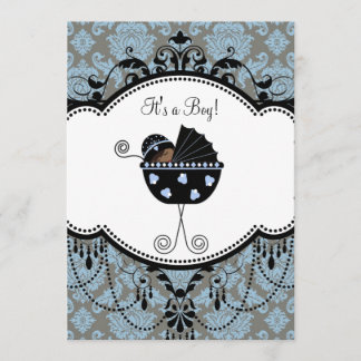 Blue Black Damask Baby Boy Dusche Einladungen