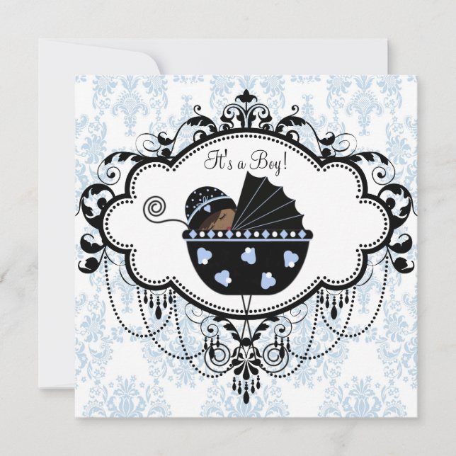 Blue Black Damask Baby Boy Dusche Einladungen (Vorderseite)