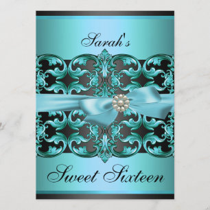 Blue/Black Damask & Bow Sweet16 Birthday Einladung