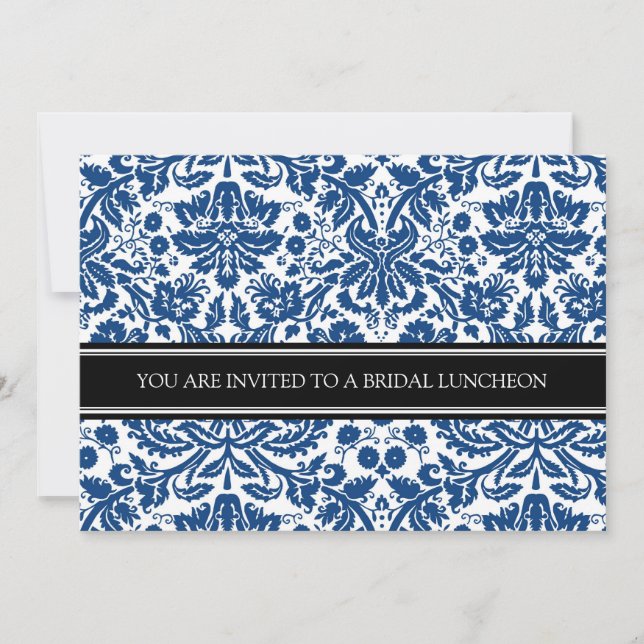Blue Black Damask Bridal Lunch Einladung (Vorderseite)