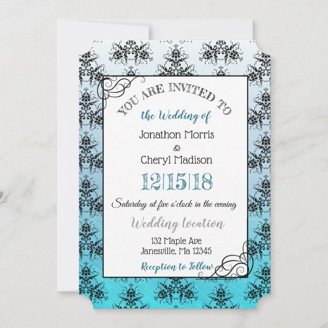 Blue Black Damask Classy Wedding Einladungen (Vorderseite)