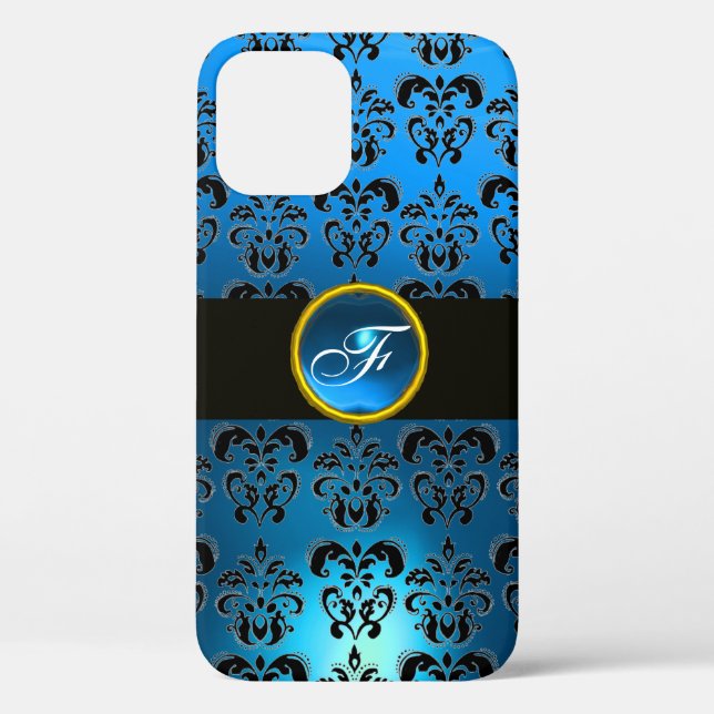 BLUE BLACK DAMASK GEM STONE MONOGRAMM Case-Mate iPhone HÜLLE (Rückseite)