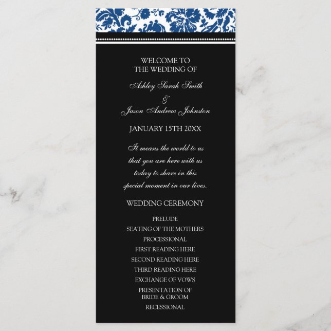 Blue Black Damask Hochzeitsprogramm Programm (Vorderseite)