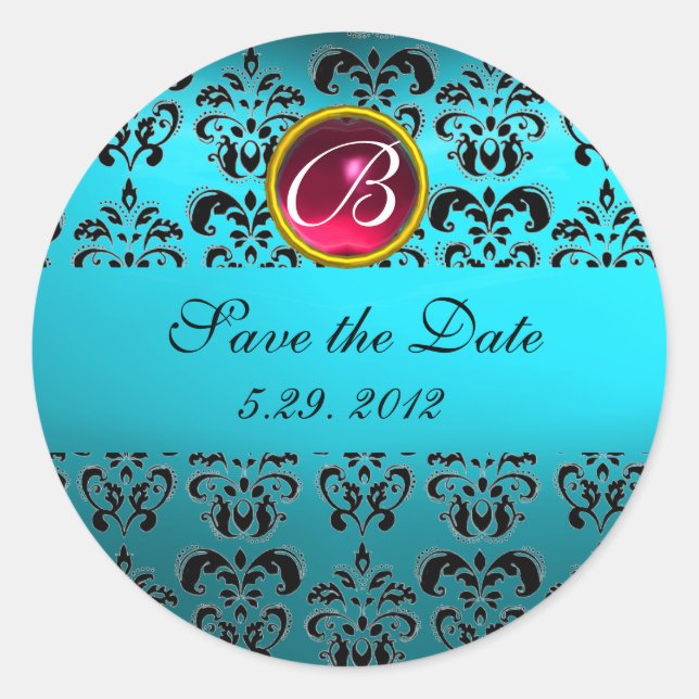 BLUE BLACK DAMASK MONOGRAM, rot ruby turquase Runder Aufkleber (Vorderseite)