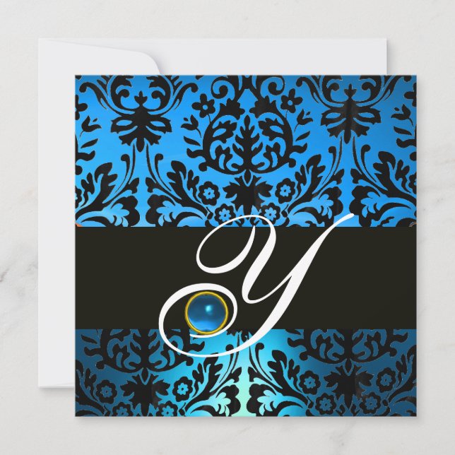 BLUE BLACK DAMASK MONOGRAM Saphir Einladung (Vorderseite)