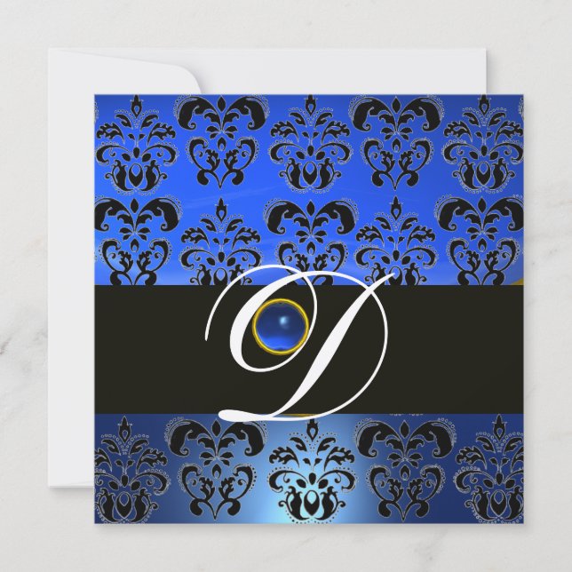 BLUE BLACK DAMASK MONOGRAM SAPPHIRE CHAMPAGNE EINLADUNG (Vorderseite)