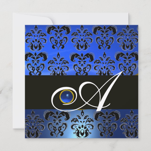 BLUE BLACK DAMASK MONOGRAM SAPPHIRE EINLADUNG (Vorderseite)