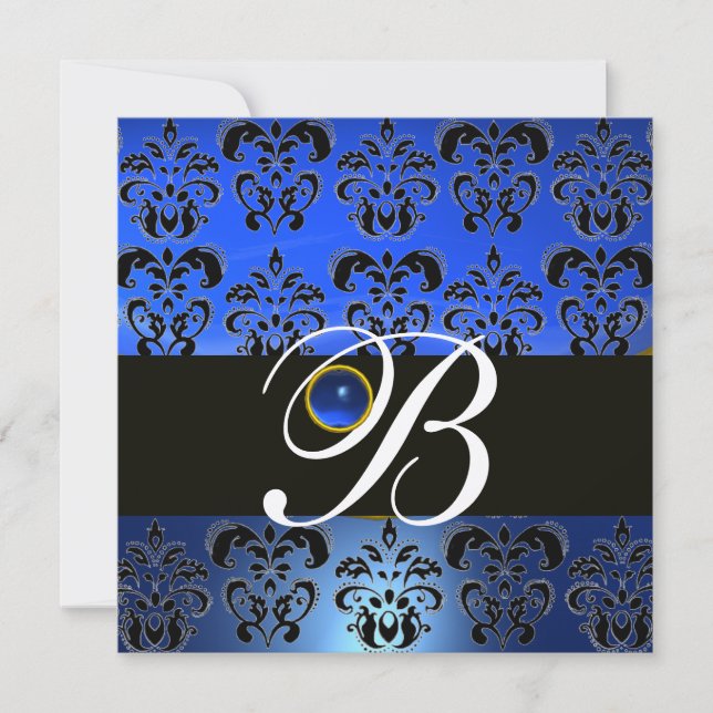 BLUE BLACK DAMASK MONOGRAM SAPPHIRE GOLD METALLIC EINLADUNG (Vorderseite)