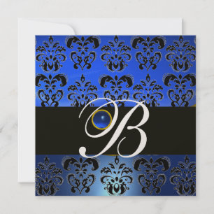BLUE BLACK DAMASK MONOGRAM SAPPHIRE GOLD METALLIC EINLADUNG