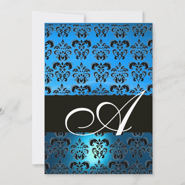 BLUE BLACK DAMASK MONOGRAMM, hell weiß Einladung (Vorderseite)