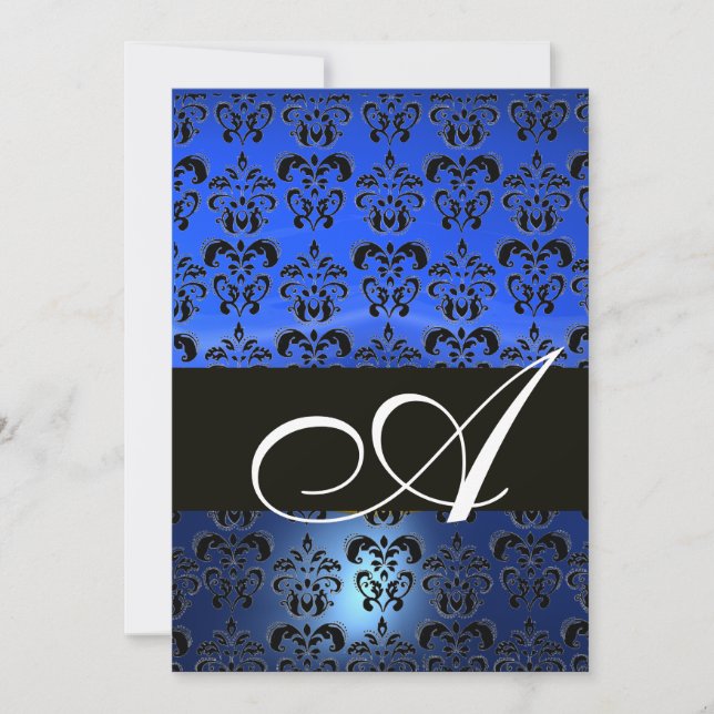 BLUE BLACK DAMASK MONOGRAMM, hell weiß Einladung (Vorderseite)