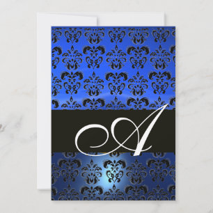 BLUE BLACK DAMASK MONOGRAMM, hell weiß Einladung
