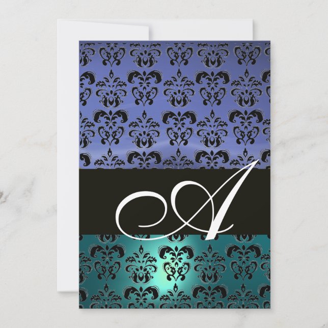 BLUE BLACK DAMASK MONOGRAMM, hell weiß Einladung (Vorderseite)