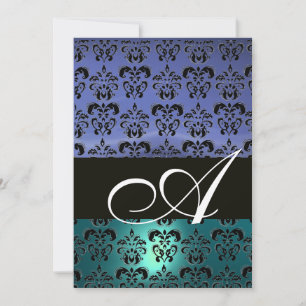 BLUE BLACK DAMASK MONOGRAMM, hell weiß Einladung
