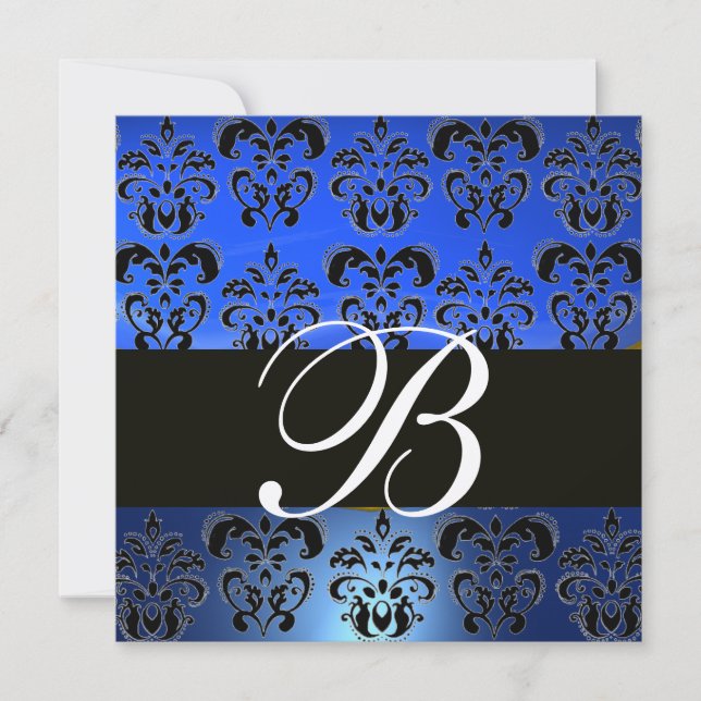 BLUE BLACK DAMASK MONOGRAMM, Helles Gold weiß Einladung (Vorderseite)