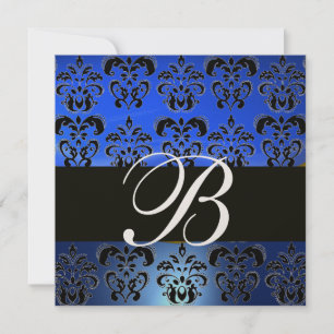 BLUE BLACK DAMASK MONOGRAMM, Helles Gold weiß Einladung