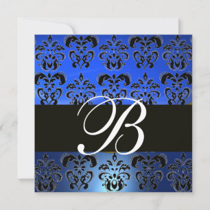 BLUE BLACK DAMASK MONOGRAMM, weiß Einladung