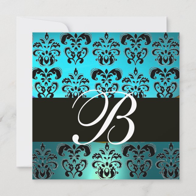 BLUE BLACK DAMASK MONOGRAMM, weißer Turquase Einladung (Vorderseite)