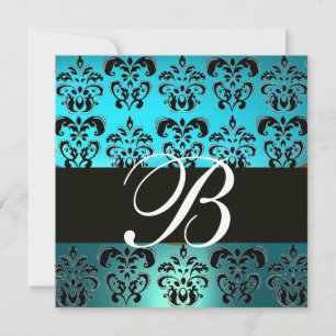 BLUE BLACK DAMASK MONOGRAMM, weißer Turquase Einladung