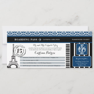 Blue Black Damask Quinceanera Paris Boarding Pass Einladung