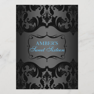 Blue & Black Damask Sweet 16 Birthday Einladung