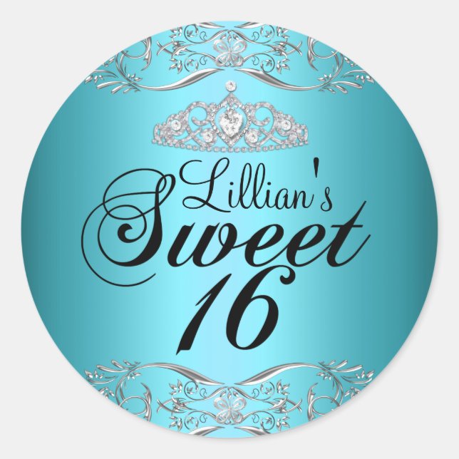 Blue Black Damask & Tiara Sweet 16 Sticker (Vorderseite)