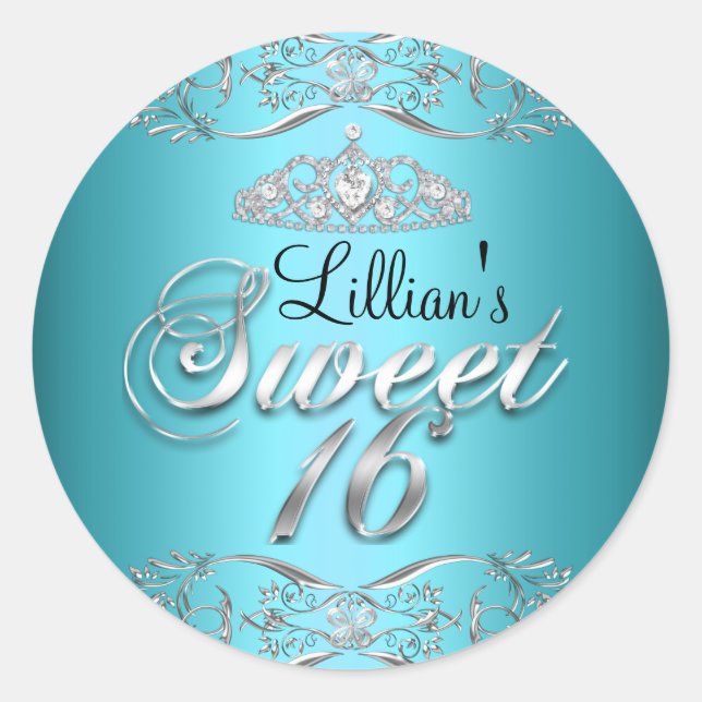 Blue Black Damask & Tiara Sweet 16 Sticker (Vorderseite)