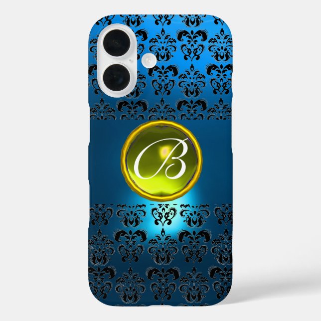 BLUE BLACK DAMASK YELLOW GEM MONOGRAMM Case-Mate iPhone HÜLLE (Rückseite)