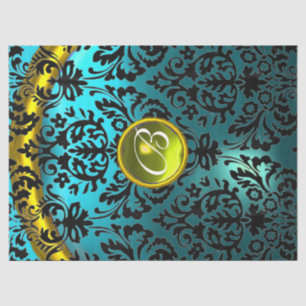 BLUE BLACK DAMASK YELLOW GEMSTONE MONOGRAMM SEIDENPAPIER