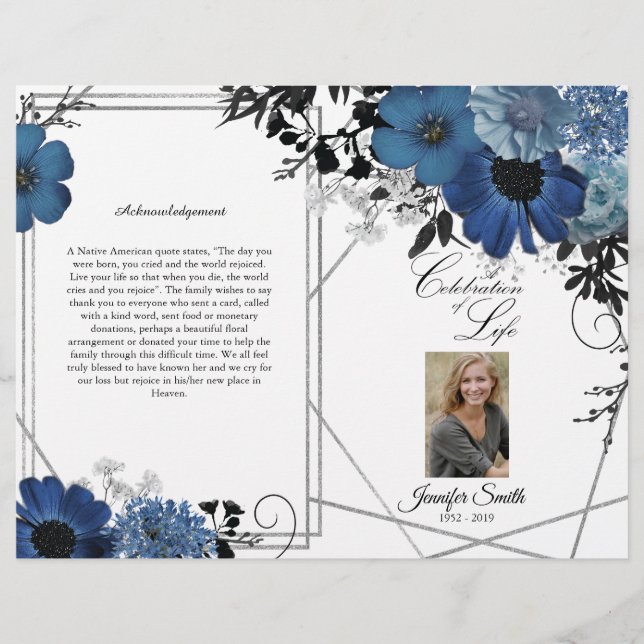 Blue Black Floral Geometric Funerary Program Flyer (Vorne)