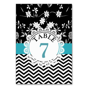 Blue Black Floral Wedding Tischnummer Card