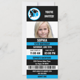 Blue Black Football Ticket Birthday Photo Einladung