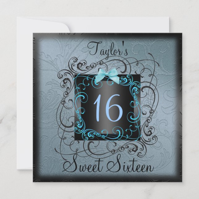 Blue & Black Frame Sweet16 Geburtstag Einladung (Vorderseite)