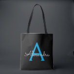 Blue Black Girl Script Monogram Name Modern<br><div class="desc">Schwarz und Blau Elegant Fügen Sie Ihren eigenen Namen Monogram Book Bag. Diese Büchertasche kann auf Ihren Vor- und Vornamen angepasst werden und als Geschenk für Weihnachten,  Geburtstag,  Brautparty oder Hochzeit.</div>