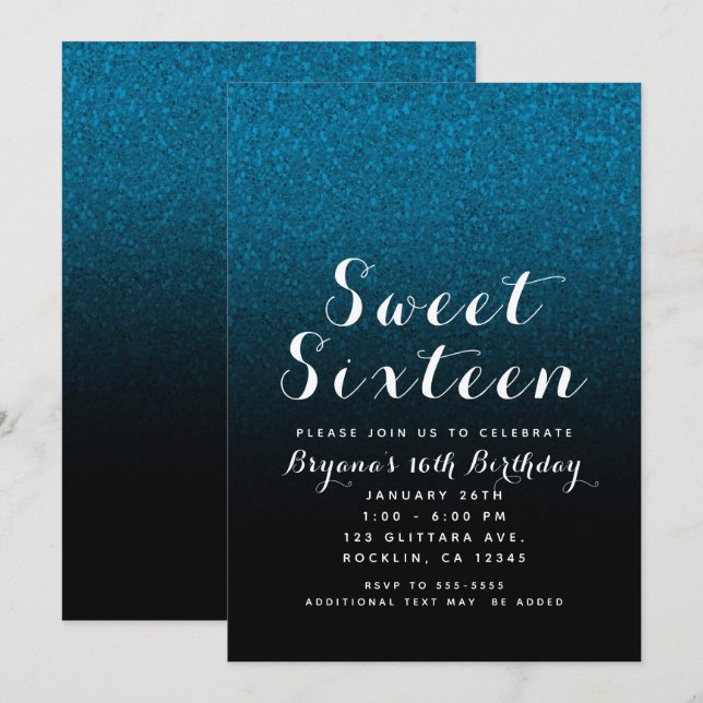 Blue & Black Glitzer Sparkle Glam Sweet 16 Party Einladung (Vorne/Hinten)