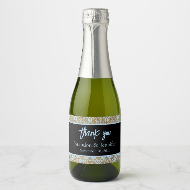 Blue Black & Gold Custom Wedding Sparkling Wein (Vorderseite)
