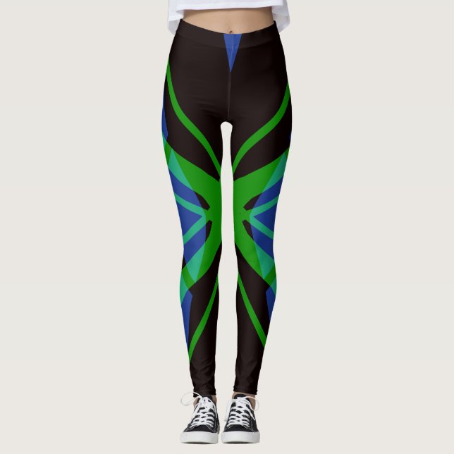 Blue Black Green Abstrakt Geometric Gym Yoga Leggings (Vorderseite)