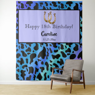 Blue & Black Kuh Spots, Gold Horseshoe Geburtstag Wandteppich
