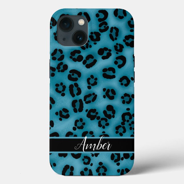 Blue Black Leopard Print Personalisiert Case-Mate iPhone Hülle (Rückseite)