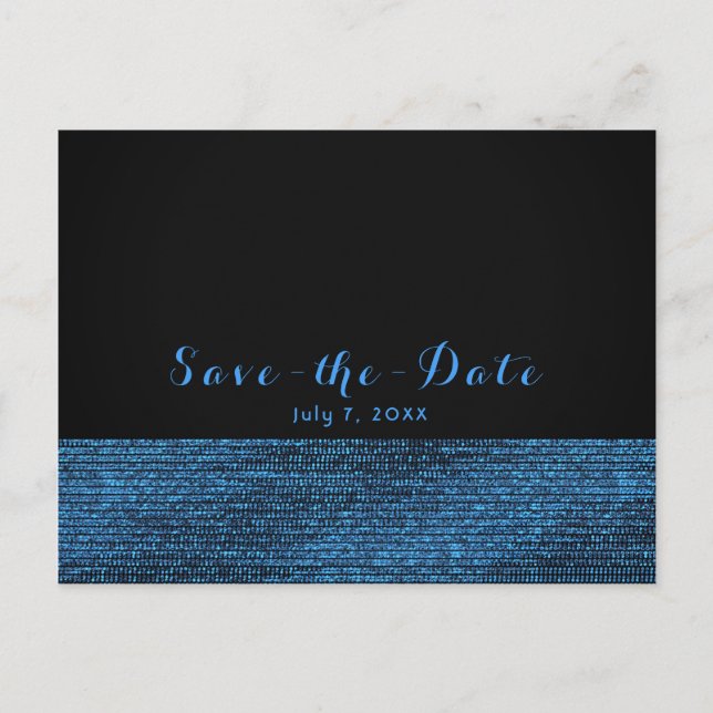 Blue & Black Modern Glam Sequins Save the Date Ankündigungspostkarte (Vorderseite)