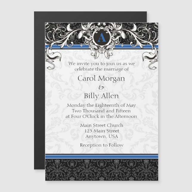 Blue Black Monogram Magnetic Wedding Einladung (Vorne/Hinten)