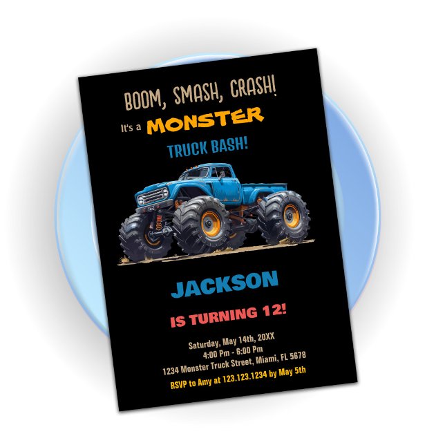 Blue Black Monster Truck Birthday Einladungen (Blue Black Monster Truck Birthday Invitations)