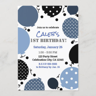Blue & Black Polka Dot Balloons 1ST Party Einladung
