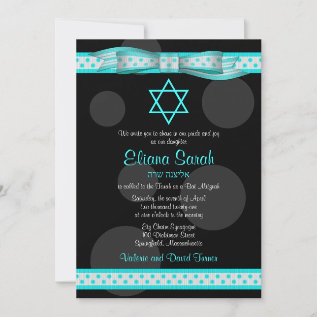 Blue Black Polka Dot Ribbon Bat Mitzvah Einladung (Vorderseite)