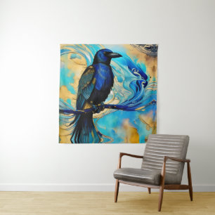 Blue Black Raven auf Blue und Gold abstrakt Wandteppich