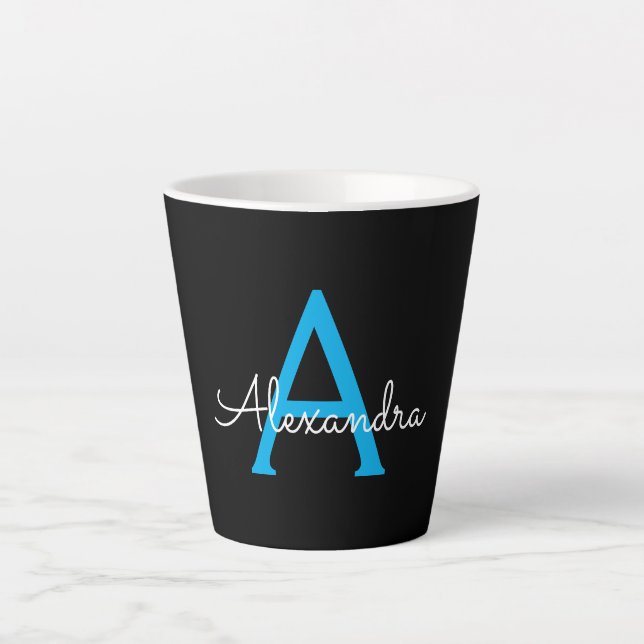 Blue Black Script Giron Monogram Name Milchtasse (Vorderseite)