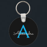 Blue Black Script Giron Monogram Name Schlüsselanhänger<br><div class="desc">Einfache Monogramm Name Keychains (Schlüsselkette) für Schwarz und Blau. Das macht den perfekten 16 Geburtstag,  Hochzeit,  Brautparty,  Jubiläum,  Babydusche oder Junggeselinnen-Abschied Geschenk für jemanden,  der Lieben glamourösen Luxus und schicke Stile.</div>