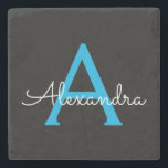 Blue Black Script Giron Monogram Name Steinuntersetzer<br><div class="desc">Schwarz und Blau Einfache Script Monogram Name Stone Tile. Das macht den perfekten Abschluss,  süßen 16 Geburtstag,  Hochzeit,  Brautparty,  Jubiläum,  Babydusche oder Junggeselinnen-Abschied Geschenk für jemanden,  die Lieben glamourösen Luxus und schicke Stile.</div>