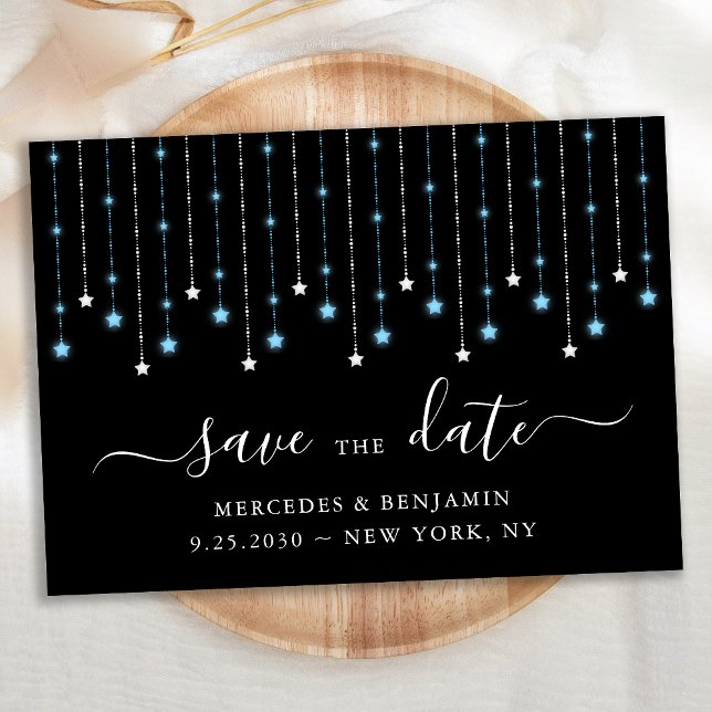 Blue Black Silver Stars String Lights Wedding Save The Date (Von Creator hochgeladen)