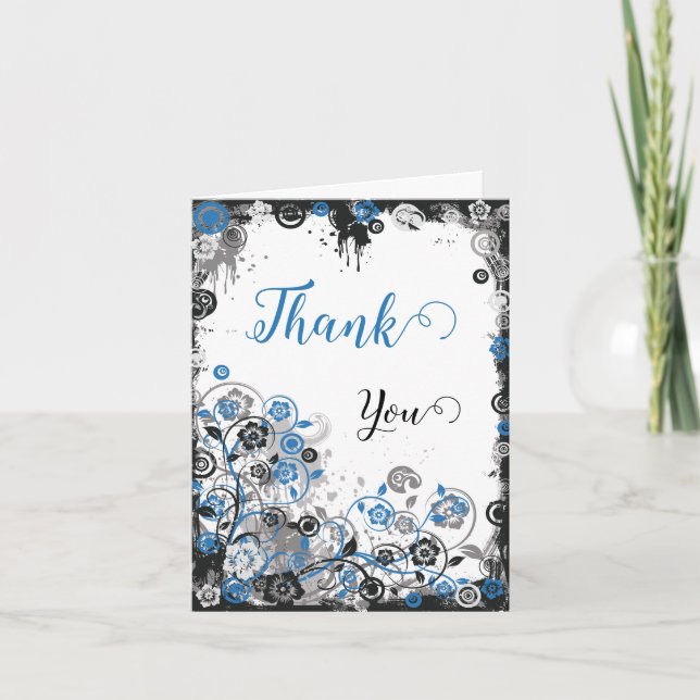 Blue & Black Splatter Floral Thank You Card Dankeskarte (Vorderseite)